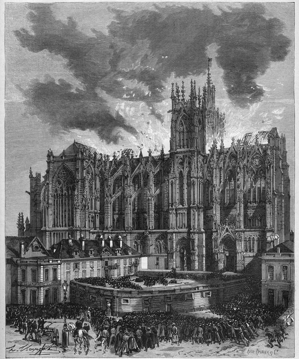 Incendio della Cattedrale di Saint Etienne (Saint Stephen) di Metz (Mosella, 57), 7 maggio 1877. Incisione in "Le Monde Illustré" n.1049 del 19 maggio 1877 da French School