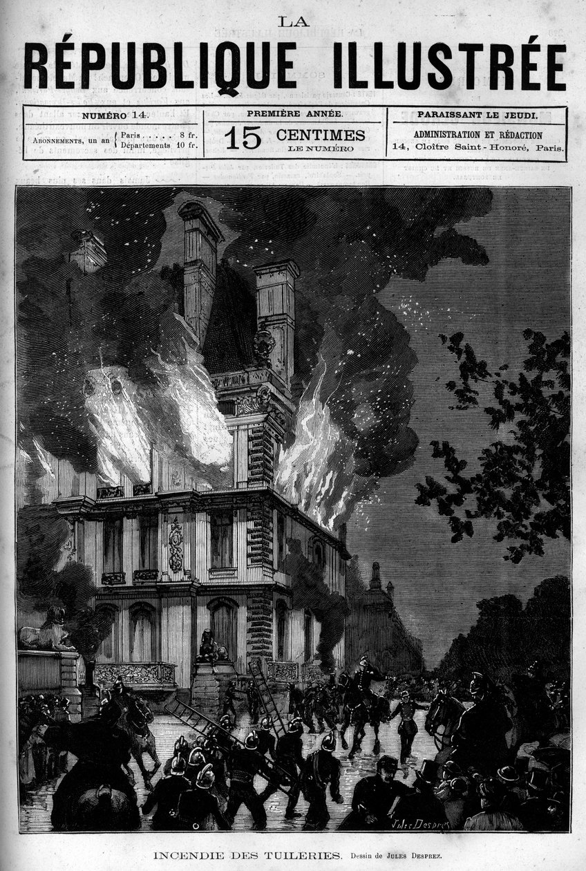 Incendio del Padiglione Flore alle Tuileries a Parigi. Un giornale. Incisione del 1880 in "La republique illustree" collezione privata. da French School