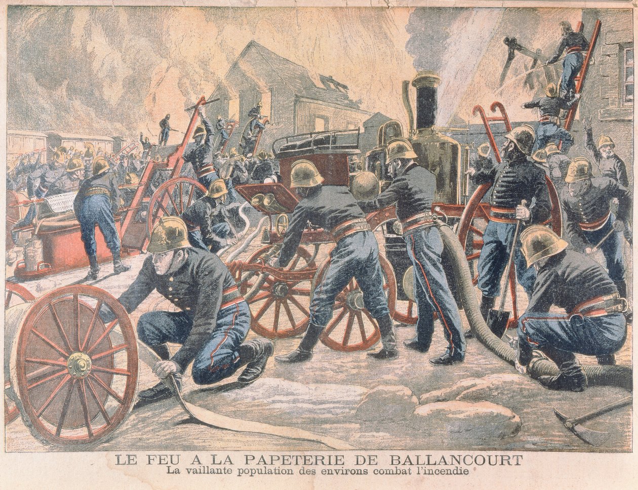 Pompieri che combattono un incendio in una cartiera a Ballancourt, da Le Petit Journal, 1905 da French School