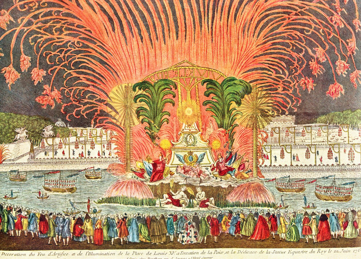 Spettacolo pirotecnico in Place Louis XV in occasione della dedicazione della statua equestre del re, 20 giugno 1763 da French School