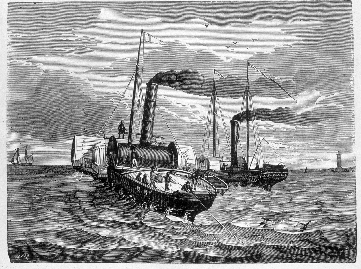 Primo tentativo di installazione di un conduttore elettrico da Dover a Calais (1851) - in "Album della Scienza; illustri scienziati; Grandi scoperte" 1896 da French School
