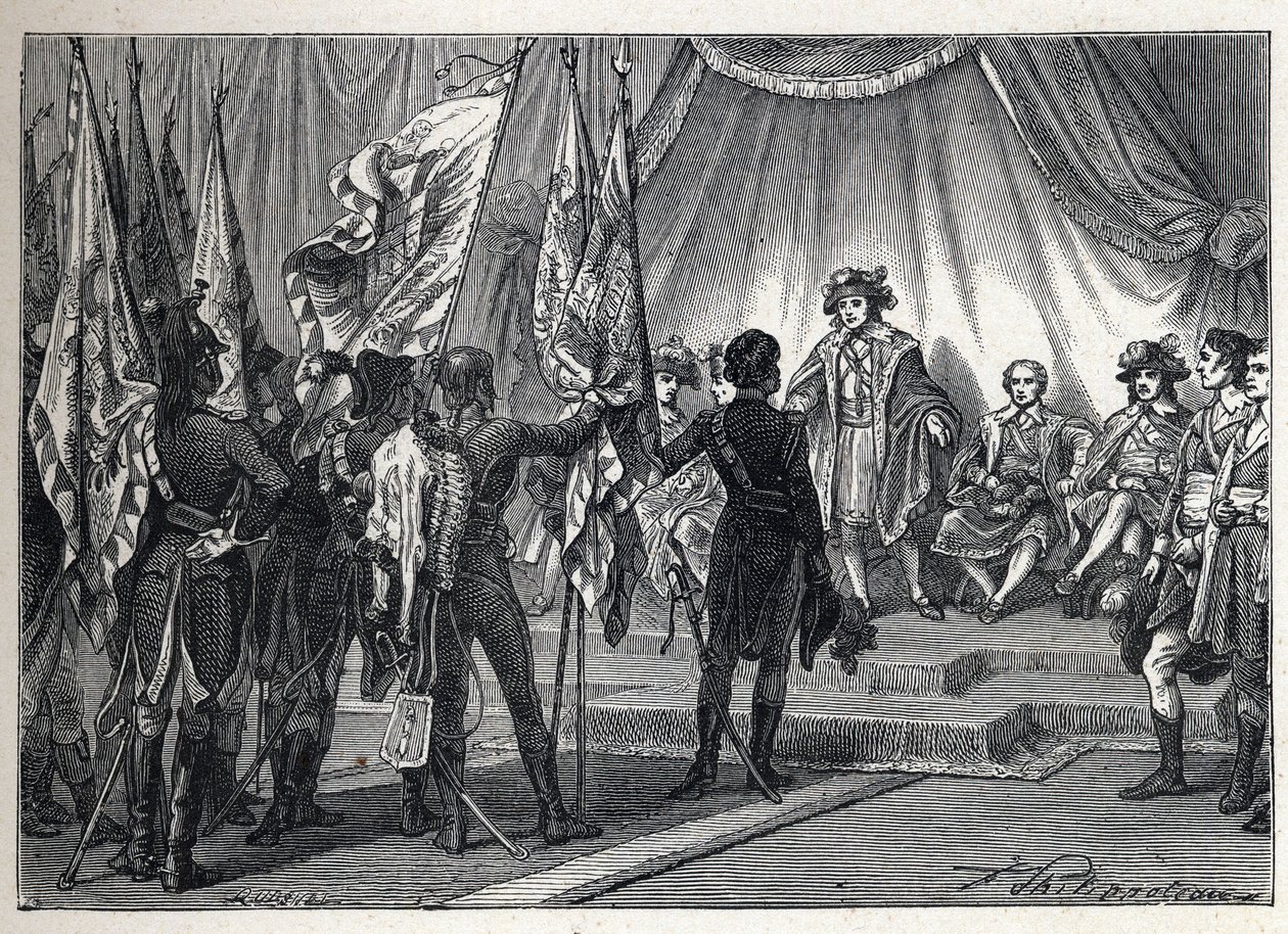Prima coalizione: Joachim Murat (1767-1815) presenta al Direttorio Esecutivo le bandiere conquistate dall