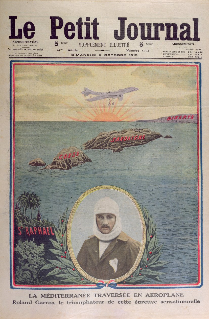 Prima traversata del Mar Mediterraneo 23 settembre 1913 di Roland Garros (1888-1918), illustrazione di copertina di Le Petit Journal 5 ottobre 1913 da French School