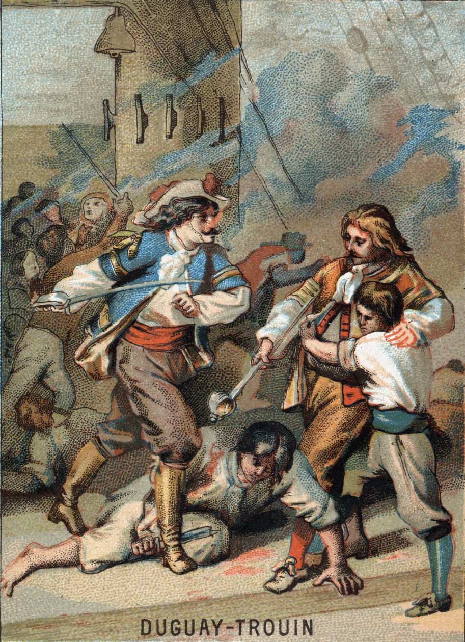 Prima impresa di René Duguay Trouin (1673-1736), marinaio francese: Duguay - Trouin combattente Wassenaer (1695). Cromolitografia della Serie "Patriotic Education through Image" da French School
