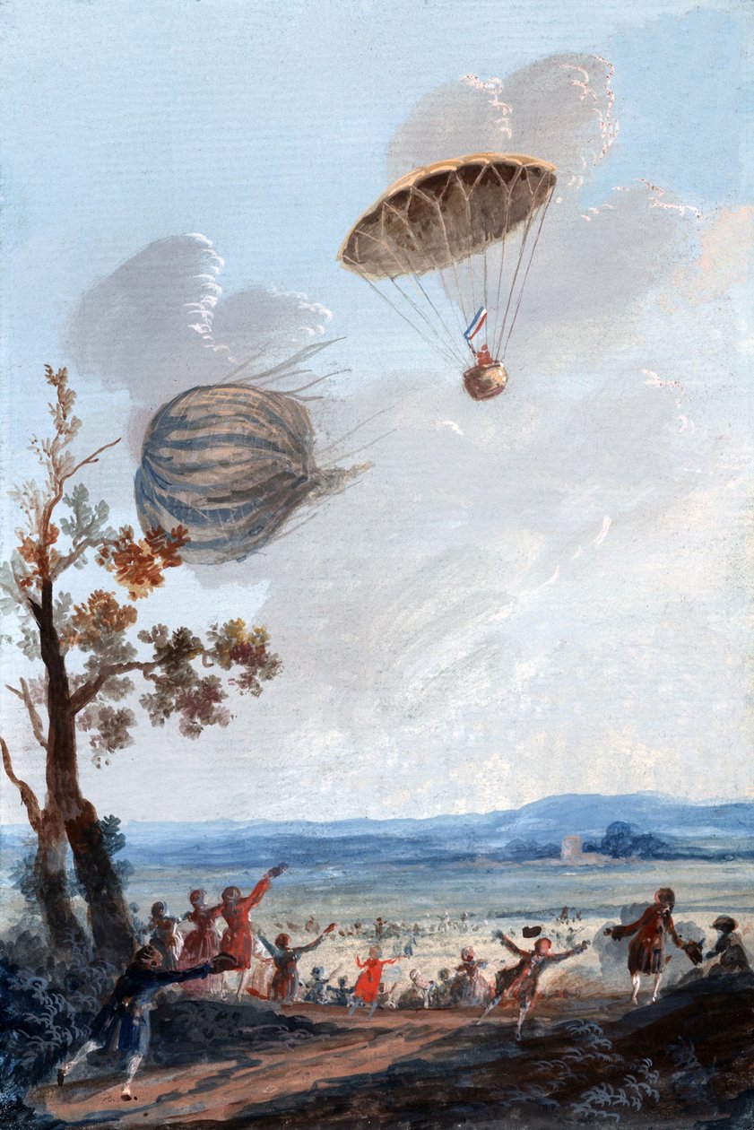 Primo uomo a scendere con il paracadute, 22 ottobre 1797, al Parc Monceau, Parigi, c.1797 da French School