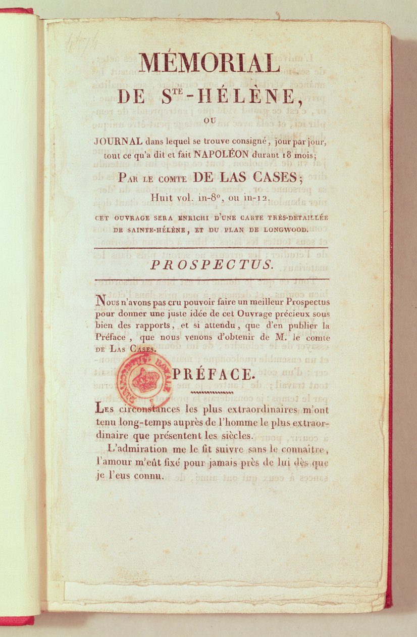 Prima pagina del Memorial de Sainte-Helene di Emmanuel Las Cases, 1823 da French School