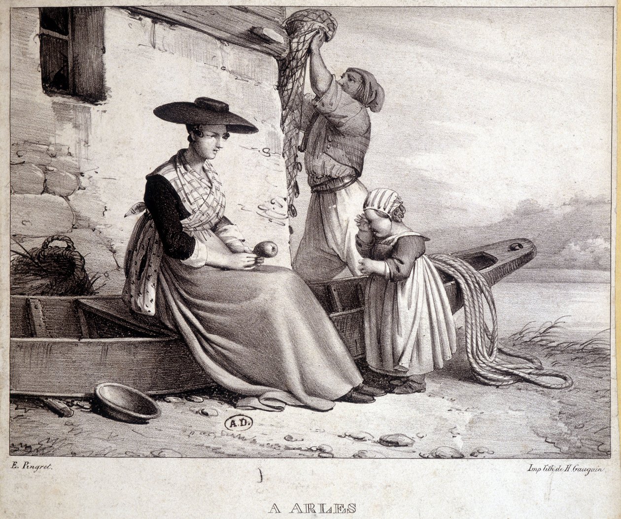 Pescatore, sua moglie in costume regionale e il loro bambino ad Arles da French School