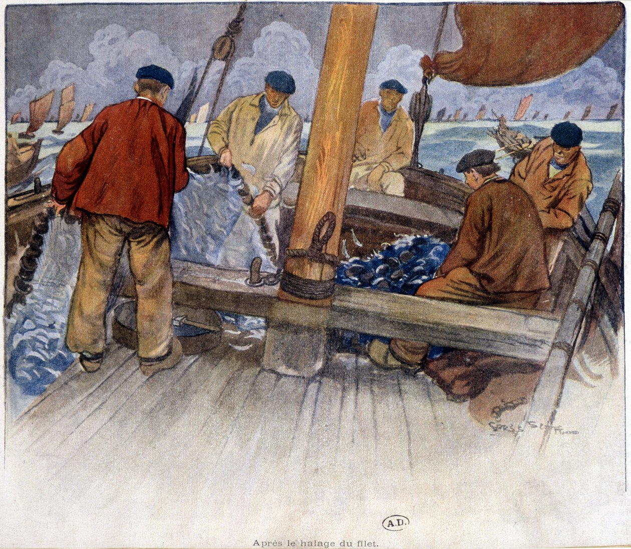 Pescatori che svuotano una rete a bordo da French School