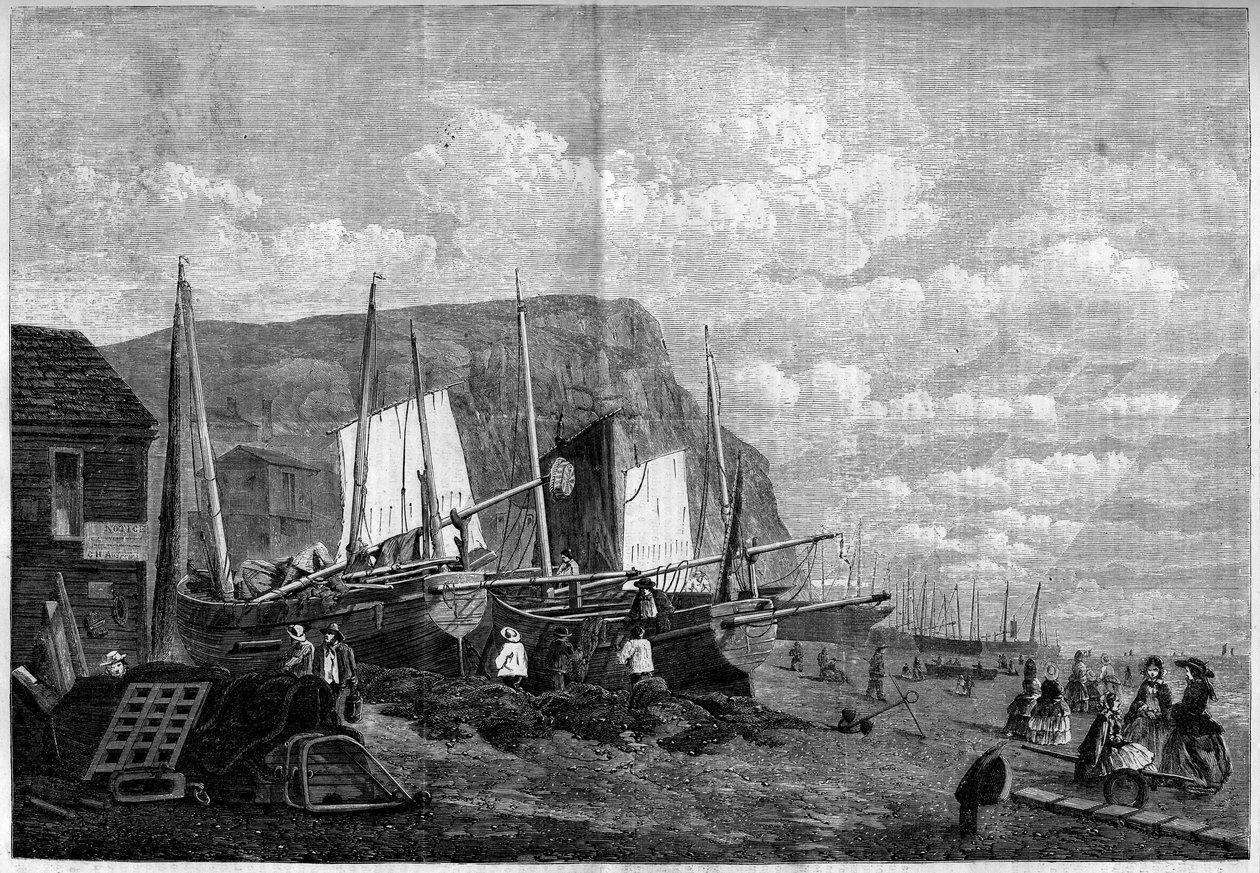 Barche da pesca sulla spiaggia di Hastings, Inghilterra da French School