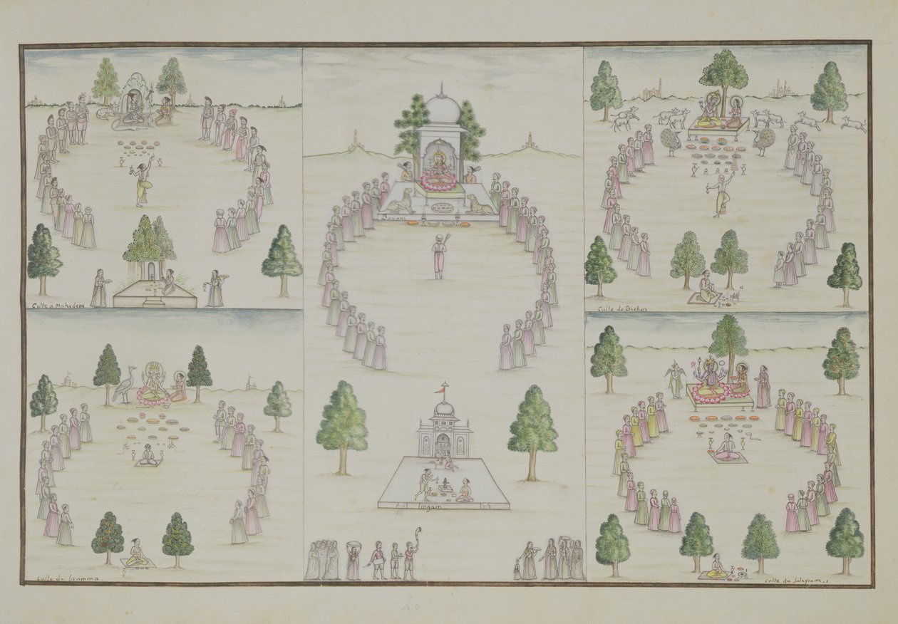 Cinque culti indù: Shiva, Krishna, Vishnu, Brahma e Madre Dea da The Gentil Album, pubblicato nel 1774 da French School