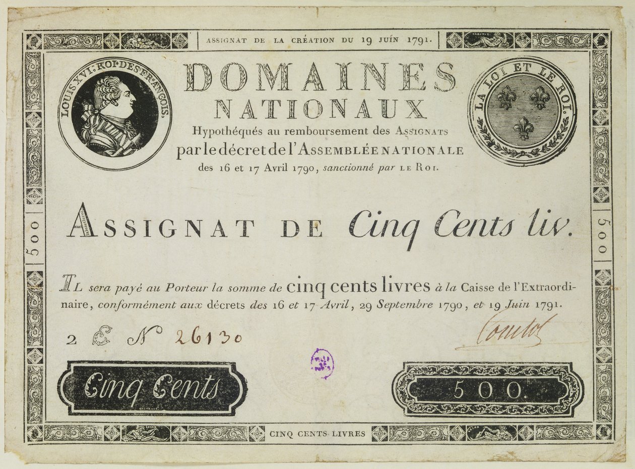 Banconota da cinquecento lire, 19 giugno 1791 da French School