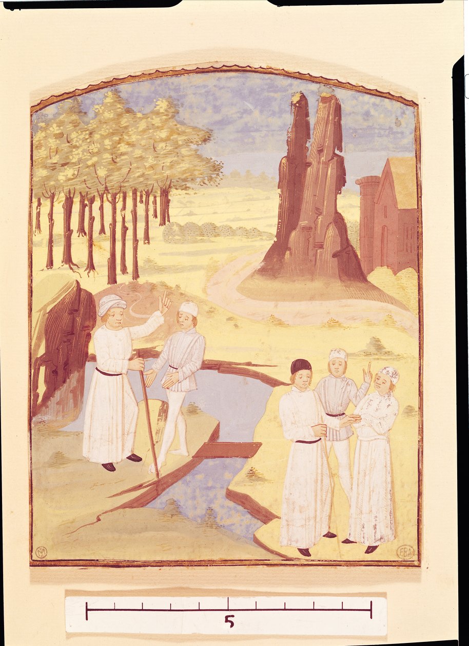 Cinque persone che discutono di progettazione di giardini, da Livre des Prouffitz Champestres di Pietro de Crescenzi da French School