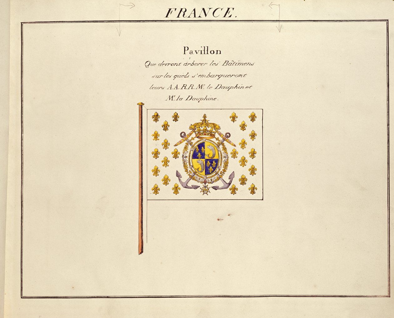 Bandiera del Delfino e della Delfina, Luigi Antonio e Maria Teresa di Francia, da Pavillons des Puissances Maritimes, c.1815-30 da French School