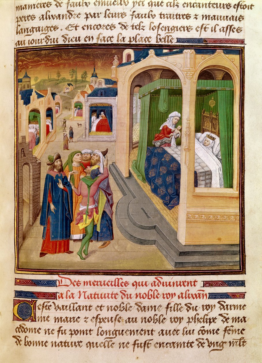 Le meraviglie accadute alla nascita di Alessandro Magno (356-323 a.C.) illustrazione da un libro di Jean Wauquelin, dalla Histoire du Grand Alexandre 1460 da French School
