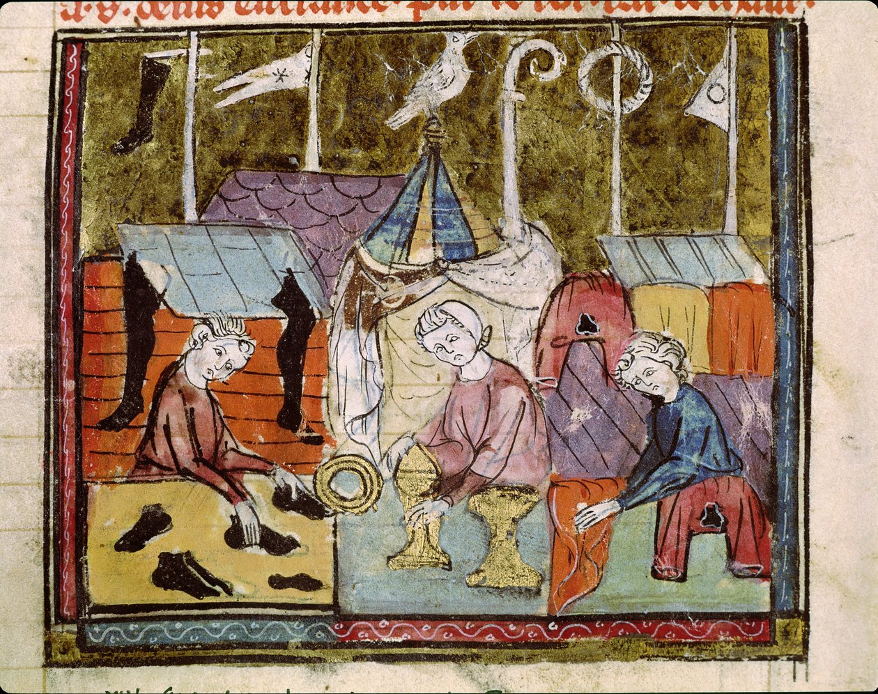 Fol.122v Mercanti alla Fiera di Lendit vicino a St. Denis, dalle Grandes Chroniques de France, 1375-79 da French School
