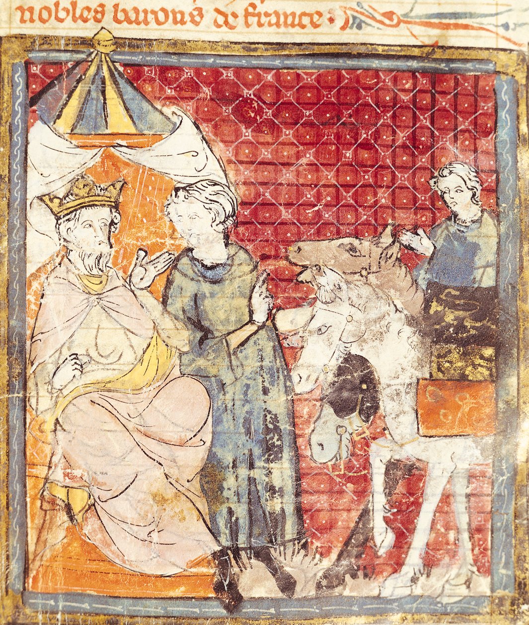 Fol.133r Roland che saluta Carlo Magno (742-814), Grandes Chroniques de France, 1375-79 da French School