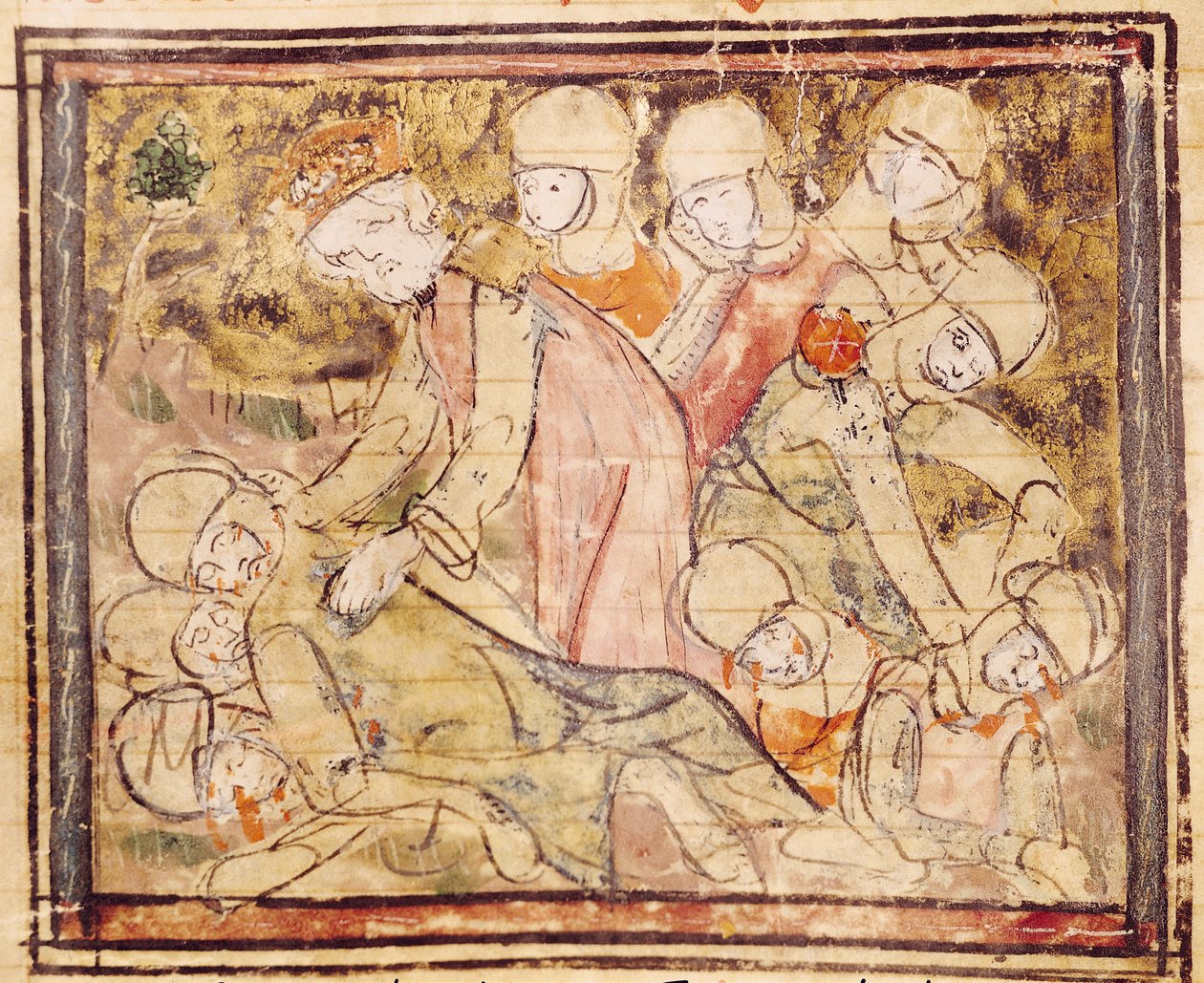 Fol.136v Come Carlo Magno (742-814) trovò Rolando morto, dalle Grandes Chroniques de France, 1375-79 da French School