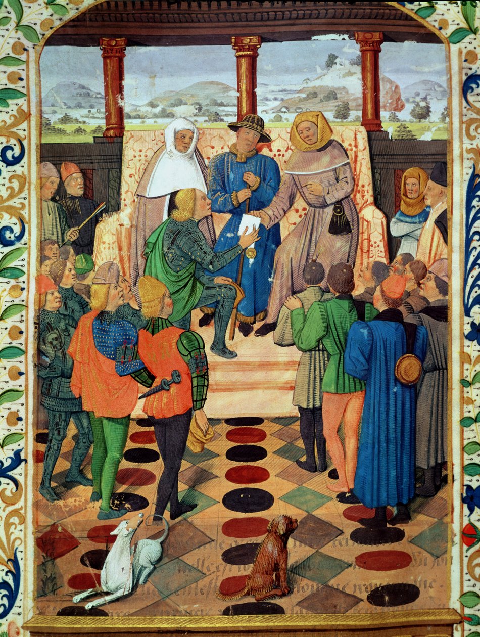 Fol.185v Carlo VII (1403-61) che consegna un documento a Giovanna d