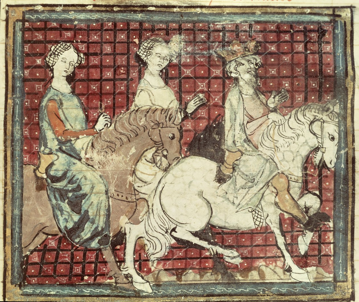 Fol.31r Chilperico I (543-97) e Fredegonda a cavallo, dalle Grandes Chroniques de France, 1375-79 da French School