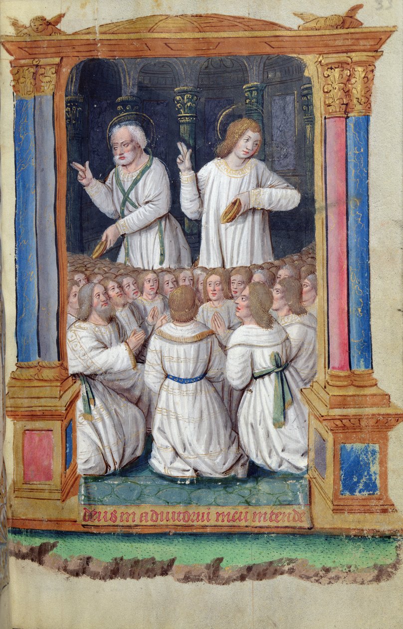 Fol.33r San Pietro e San Giovanni esortano i fedeli, da Heures a lUsage de Rome da French School