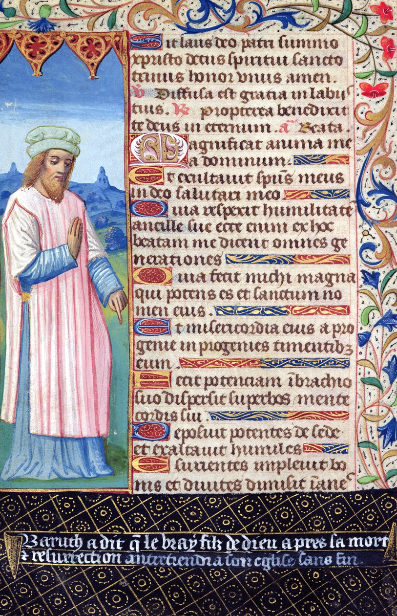 Fol.36v Testo del Magnificat con un ritratto di Baruch, da Heures a lUsage de Rome da French School