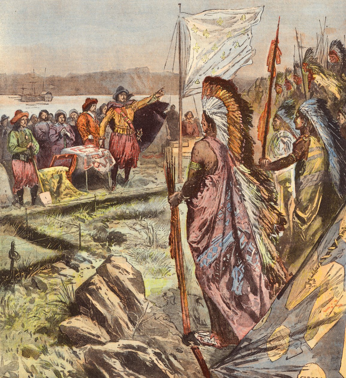 Fondazione della città di Québec da parte di Samuel de Champlain (litografia a colori) da French School