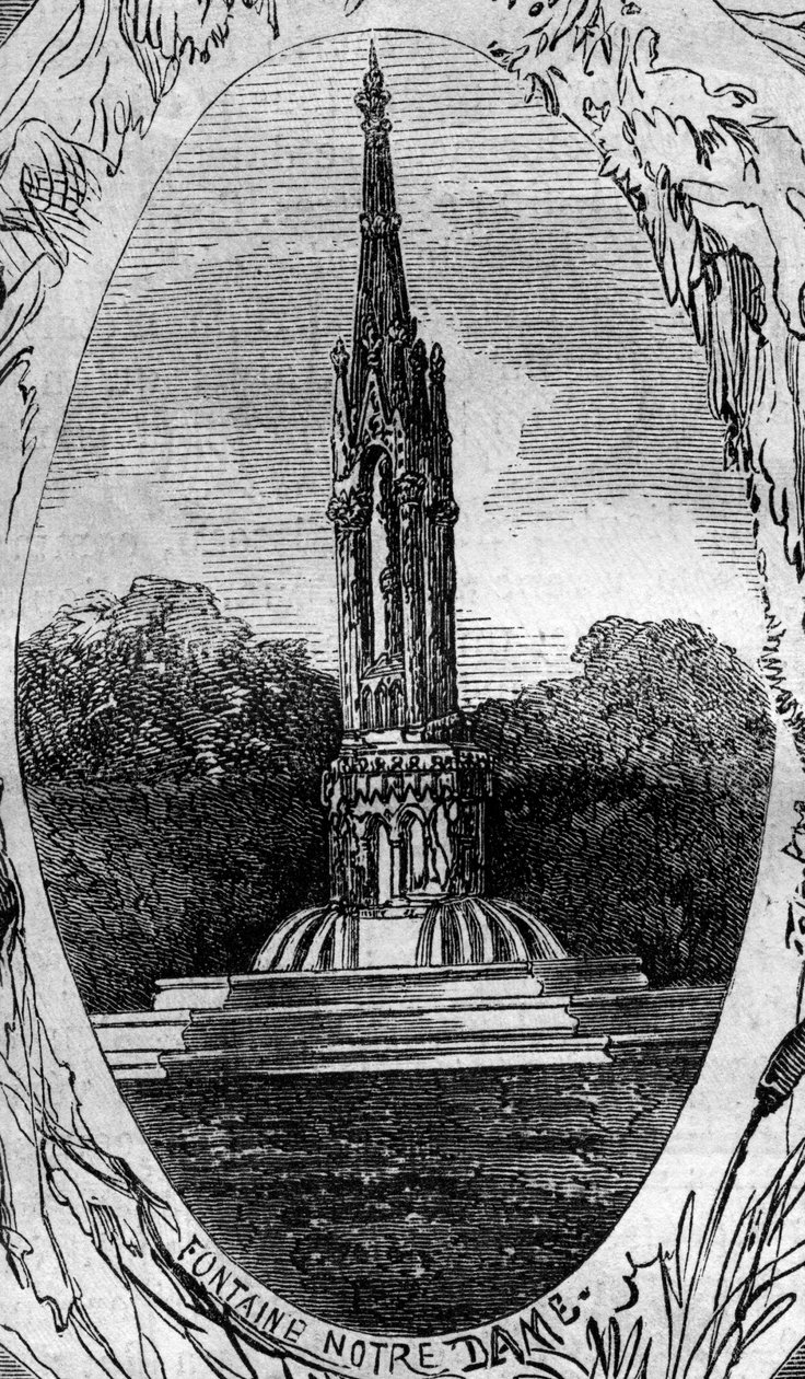 Fontana di Parigi: veduta della Fontana della Vergine (Fontana di Notre Dame) (circa 1845). Incisione in "Le Monde Illustré" n.254 del 22 febbraio da French School