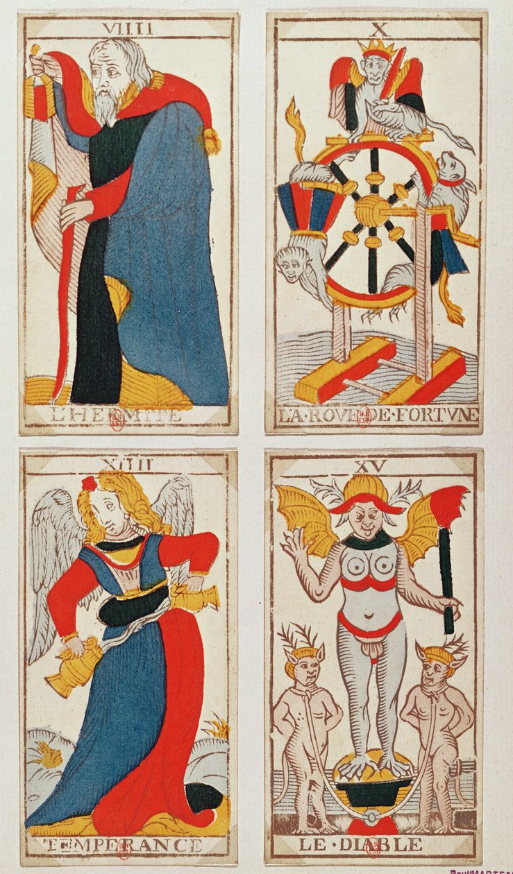 Quattro carte dei tarocchi che raffigurano L