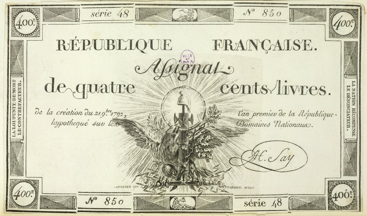Banconota da quattrocento lire, 21 settembre 1792 da French School