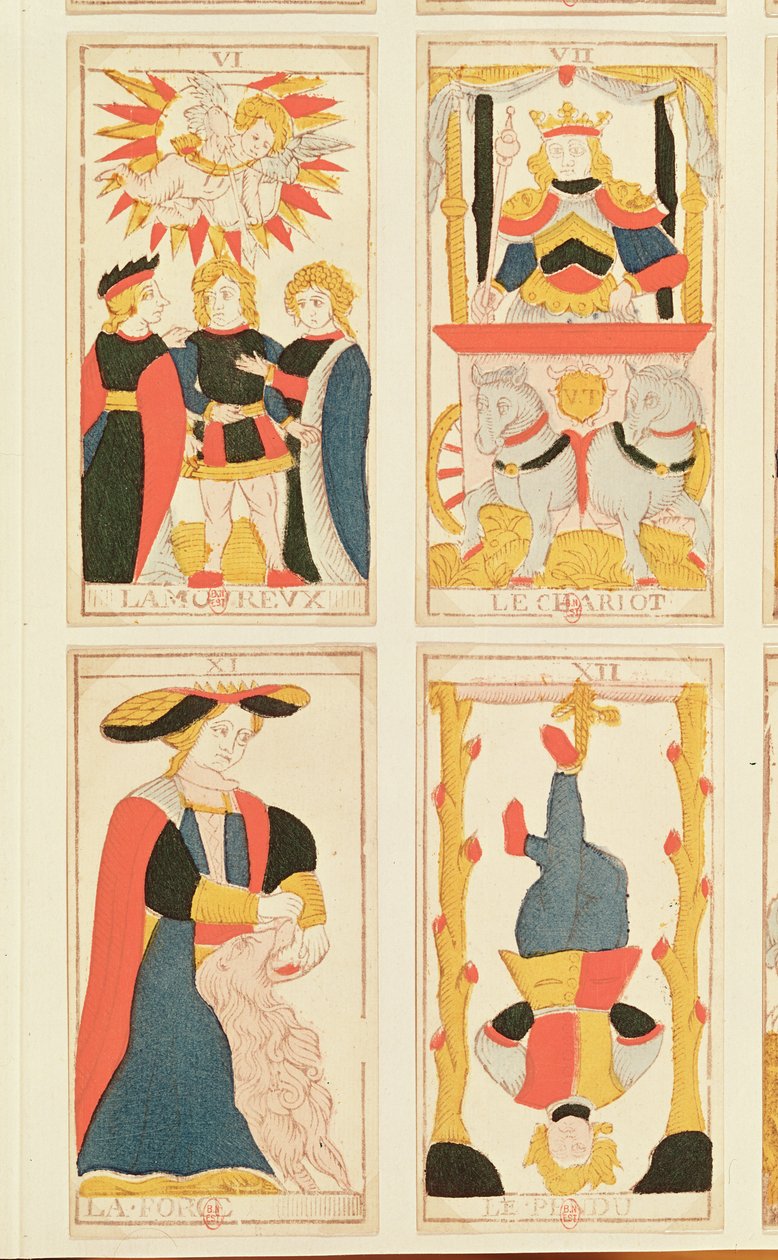 Quattro carte dei tarocchi che raffigurano Gli Amanti, Il Carro, La Forza e L