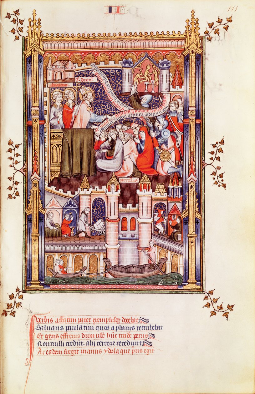 San Denis che predica ai parigini che rompono i loro idoli pagani, da Vie de St. Denis, 1317 da French School