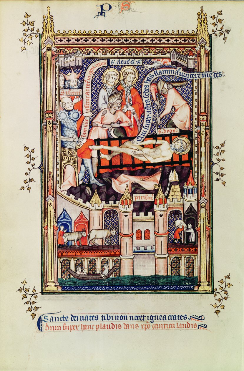 San Denis torturato sulla ruota, da Vie de St. Denis, 1317 da French School