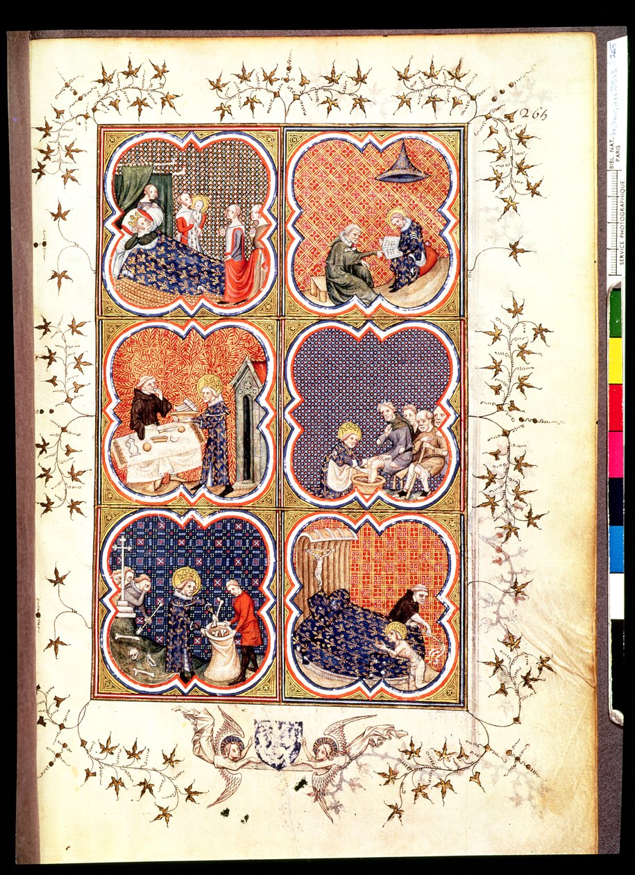 Fr 2813 f.265 Sei scene dalla vita di San Luigi (1215-70), dalle Grandes Chroniques de France, 1375-79 da French School