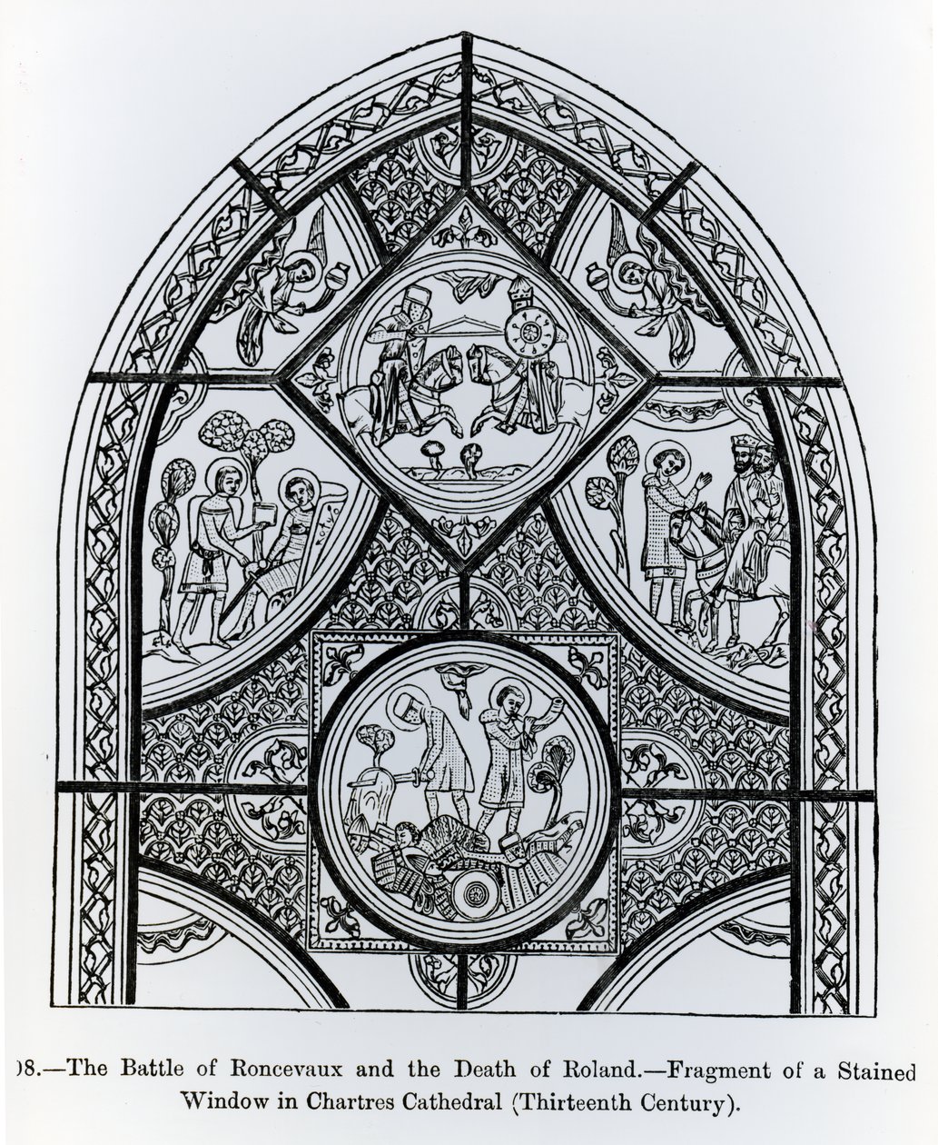 Frammento di una vetrata nella Cattedrale di Chartres, raffigurante la Battaglia di Ronceveaux e la Morte di Rolando, illustrazione da Scienza e Letteratura nel Medioevo e Rinascimento da French School
