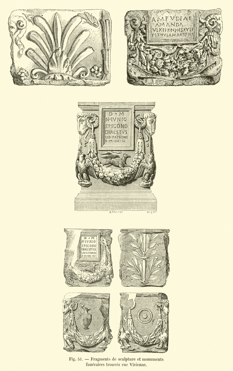 Frammenti di scultura e monumenti funerari rinvenuti in rue Vivienne (incisione) da French School