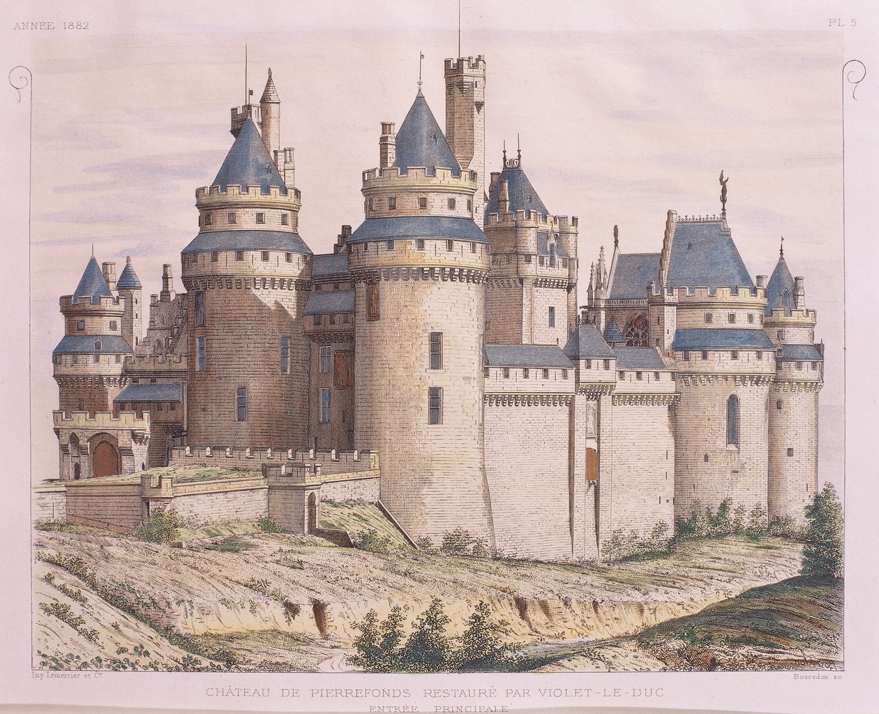 Francia, Castello Medievale di Pierrefonds, restaurato da Violet le Duc da Moniteur des Architectes, incisione da French School