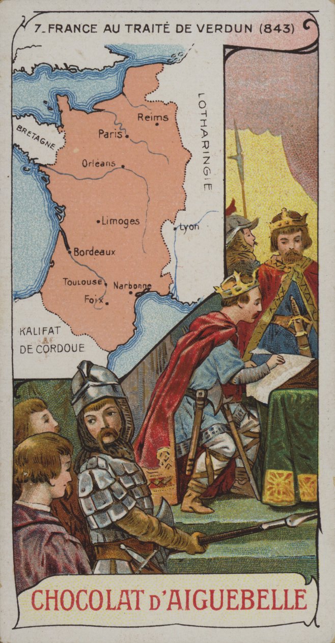 La Francia al tempo del Trattato di Verdun, 843 (cromolitografia) da French School