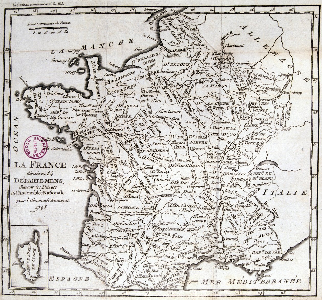 Francia divisa in 84 dipartimenti secondo i decreti dell