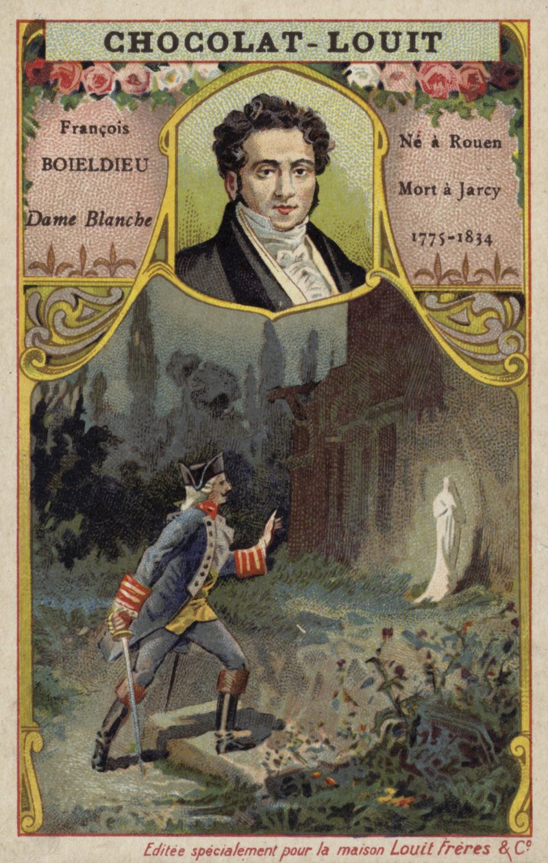 Francois-Adrien Boieldieu, compositore francese, e una scena della sua opera La Dame Blanche (cromolito) da French School