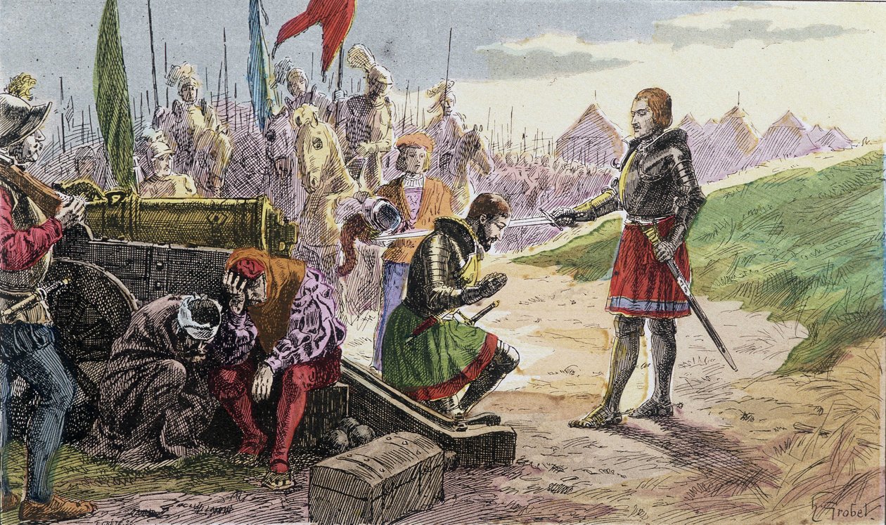 Francesco I, armato cavaliere da Bayard, a Marignano - Illustrazione XIX secolo. da French School