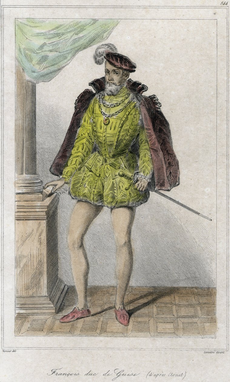 Francois I di Lorena, 2° Duca di Guise (1519 - 1563). Iniziò la prima guerra di religione con il massacro di Wassy (Vassy) (1562). Incisione del XIX secolo da French School