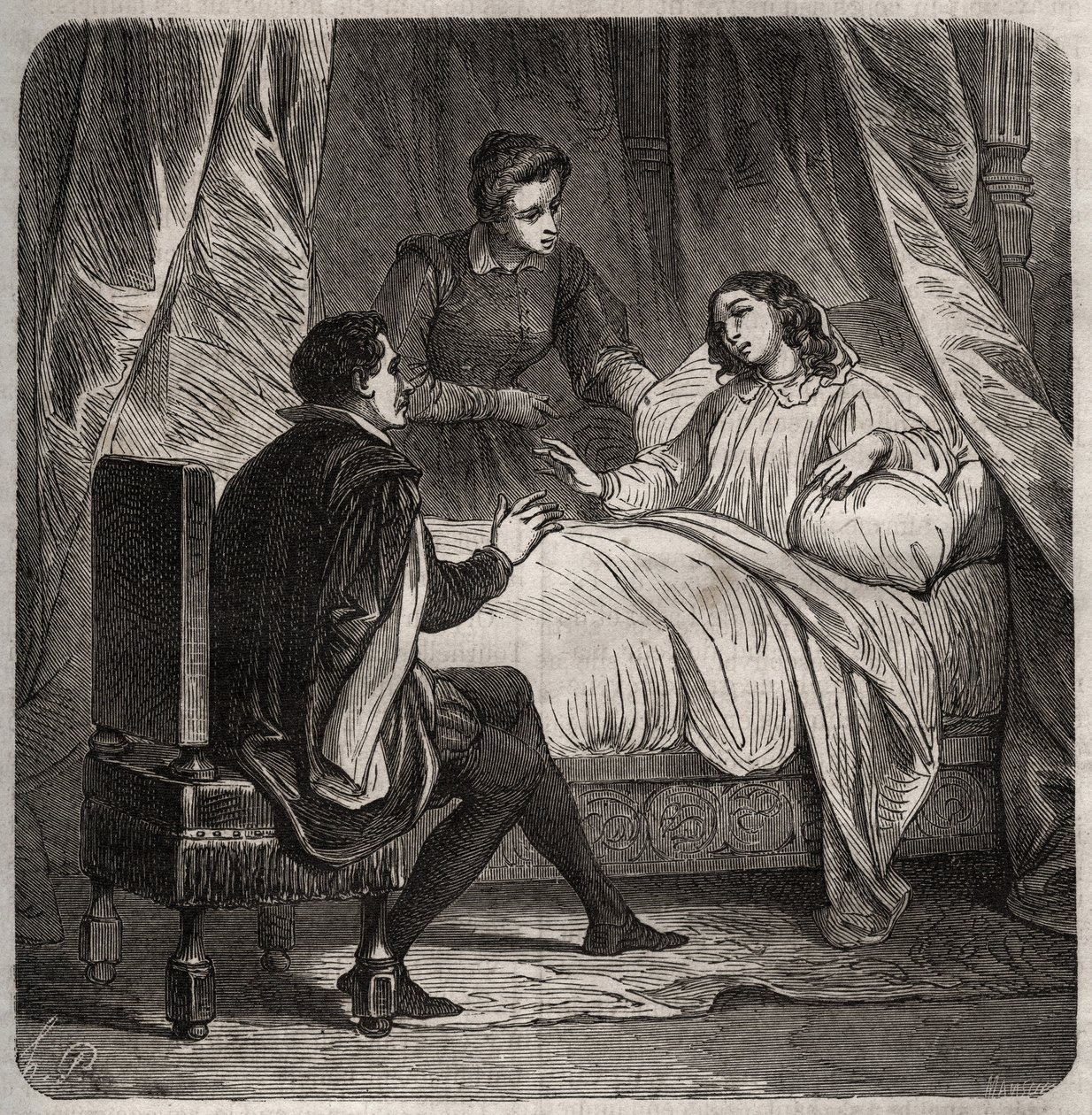 Francoise de Foix, Contessa di Chateaubriant (ca. 1495-1537), malata, riceve Clement des Marets detto Marot (1496-1544), il valletto di Francesco I, a letto. Incisione del 1871 in "Histoire Des Cocuses Celebres" di Henry de Kock da French School