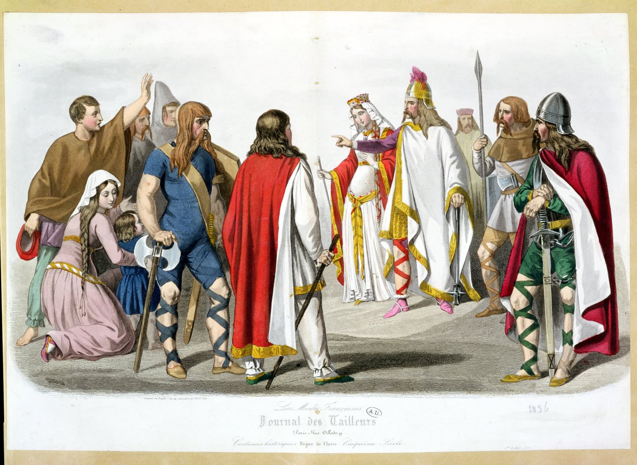 Costumi franchi e merovingi, tavola di moda storica da Les Modes Francaises - Journal des Tailleurs, 1836 da French School