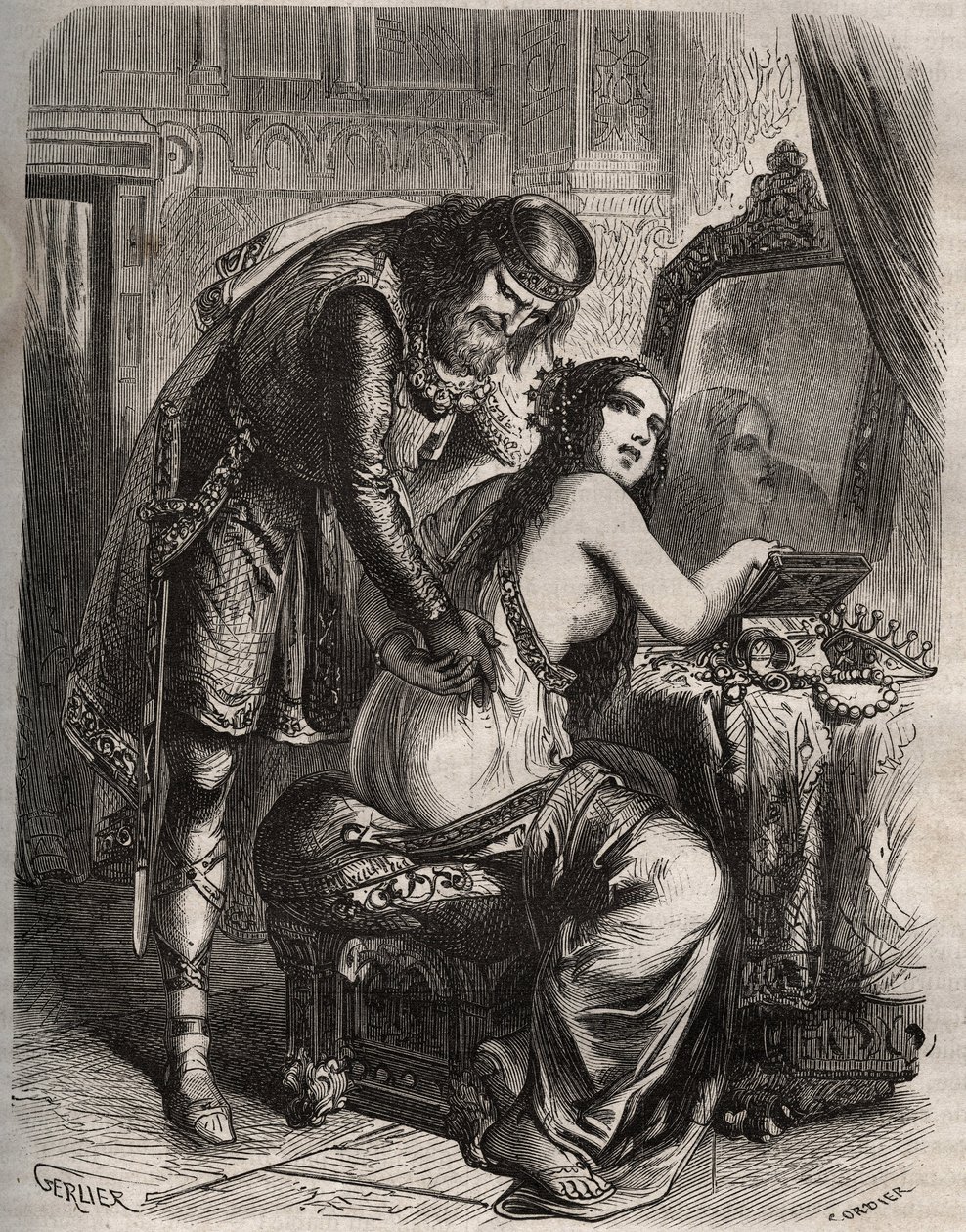 Fredegonda (545-597) prende il marito, re dei Franchi Chilperico I (543-597), per il suo amante, Landerico. Il re scopre che sua moglie lo tradisce. Incisione del 1871 in "Histoire Des Cocus Célèbres" di Henry de Kock (1819-1892). da French School