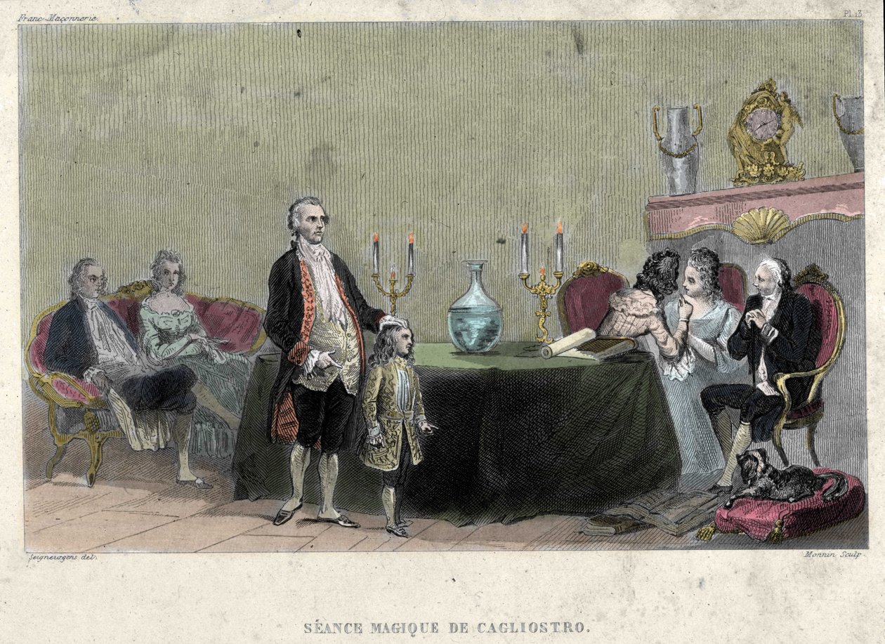 Massoneria: seduta di magia di Giuseppe Balsamo, noto come Alessandro, Conte di Cagliostro (1743-1795). Incisione da 