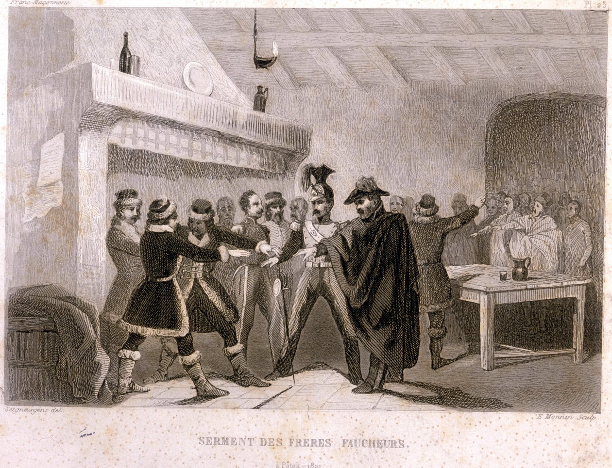 Massoneria: il giuramento dei fratelli mietitori a Potok nel 1821. Incisione da 