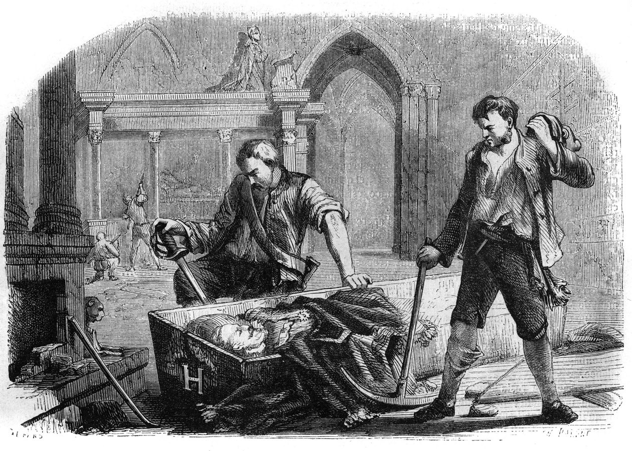 Rivoluzione Francese (Convenzione): apertura della bara di Re Enrico IV durante la profanazione delle tombe reali della chiesa di Saint Denis nel 1793. Incisione del 1860 da French School