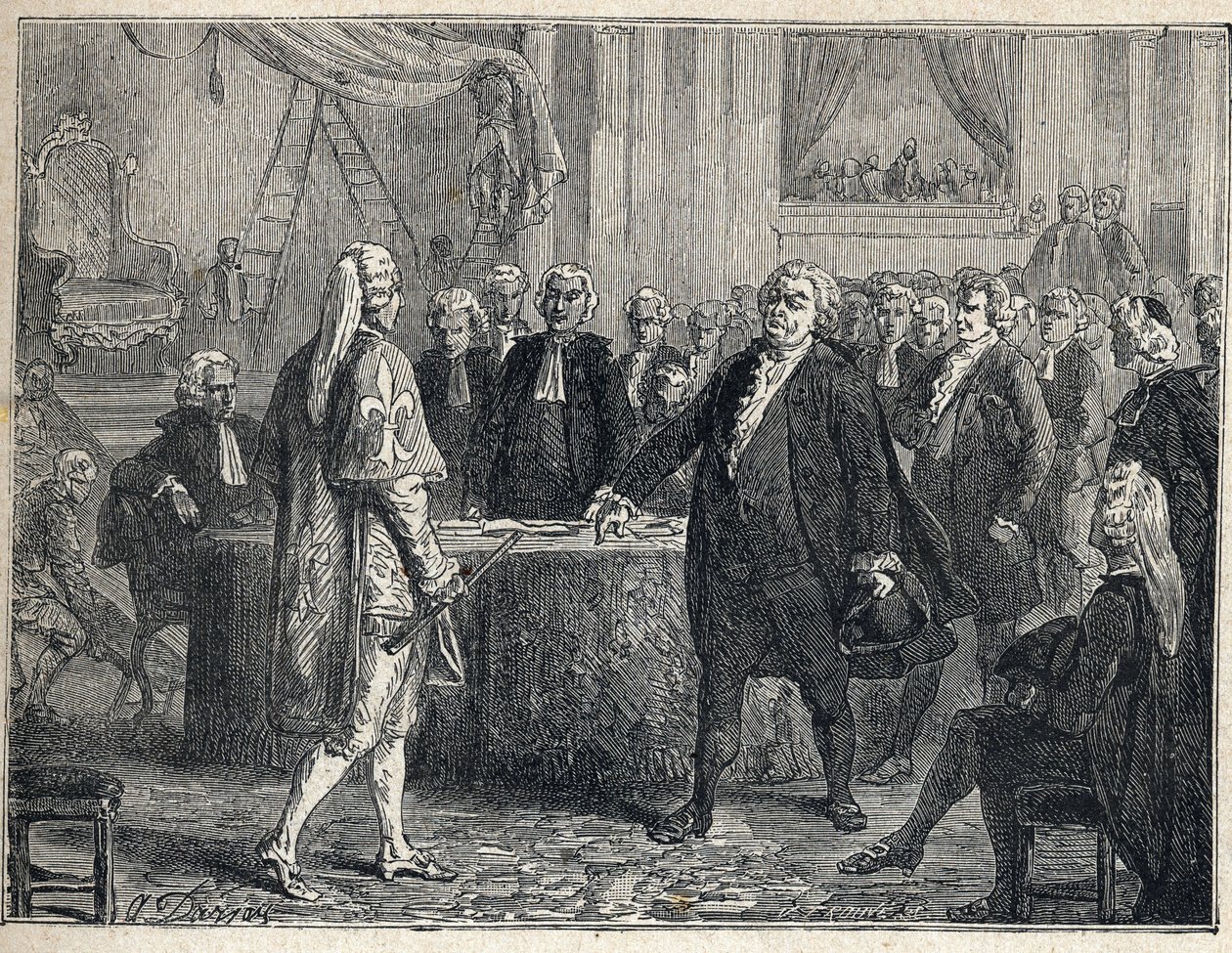 Rivoluzione Francese - Assemblea Generale del 23/06/1789: Honoré Gabriel Riqueti, Conte di Mirabeau (1749-1791) apostrofa Henri Evrard, Marchese di Dreux-Brézé (1762-1829). Incisione del 1889. Collezione privata da French School