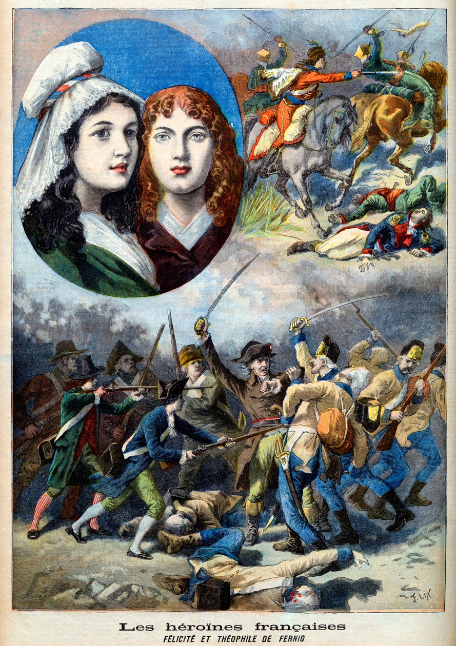 Rivoluzione francese - Le eroine francesi: le sorelle Felicite (1770-1841) e Theophile (1875-1819) di Fernig che combatterono vestite da uomo contro gli austriaci per sorvegliare il loro padre nel 1792 - illustrazione da 