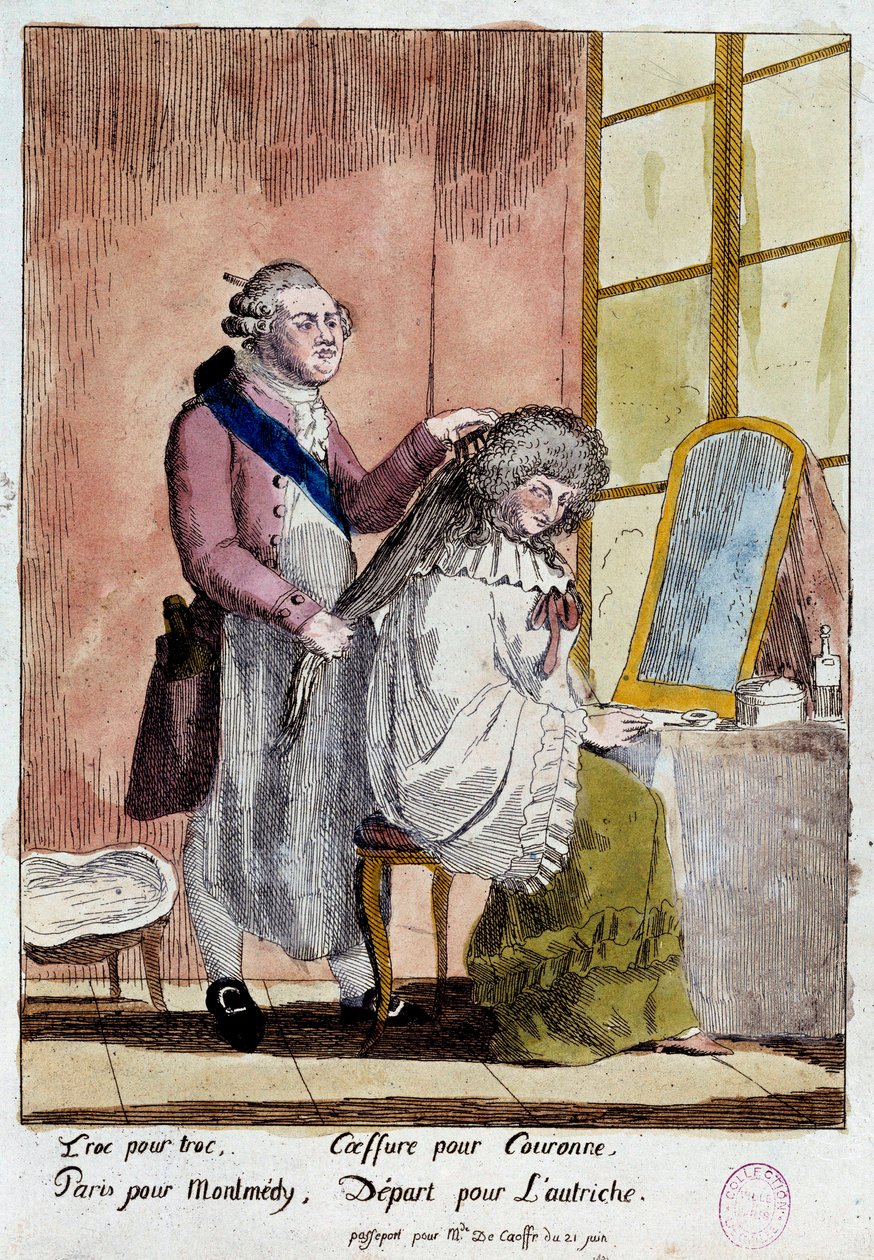 Rivoluzione francese: Caricatura sulla fuga della famiglia reale a Varennes il 20 e 21/06/1791: il re Luigi XVI che acconcia la regina Maria Antonietta doveva partire con il falso passaporto di governante dei figli della baronessa di Korff. Anonima incisio da French School